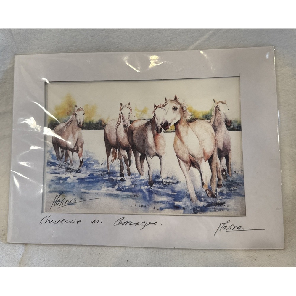French Modernist-Signed Matted Watercolor Print Horses en Camargue Horse 9x6.5"